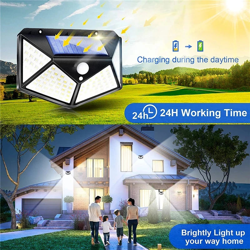 Luces solares para exteriores, 100 LED/3 modos de iluminación de 270°